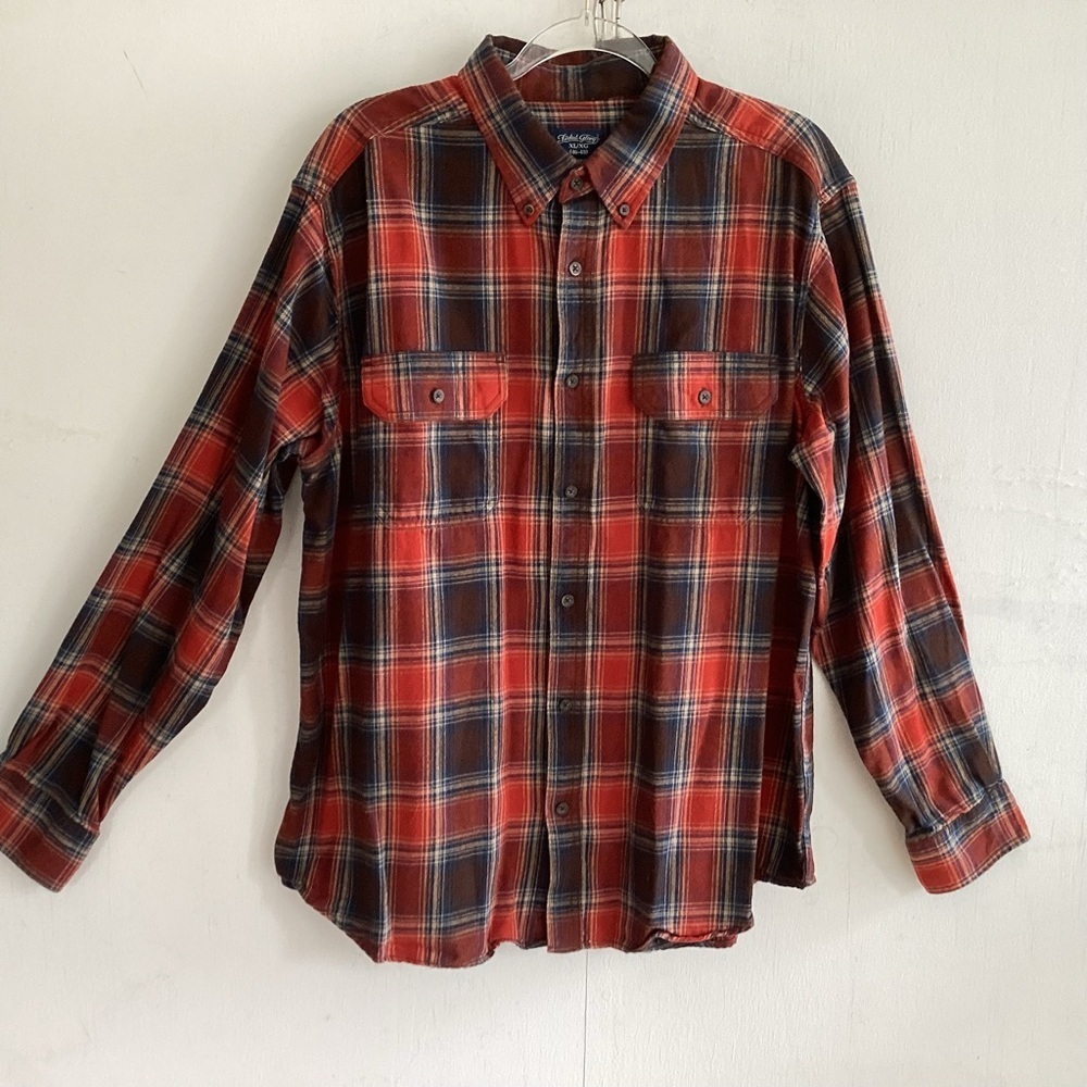 Faded Glory Rouge/Ochre Plaid Flannel PatchPocket Boyfriend ButtonDown Shirt XL